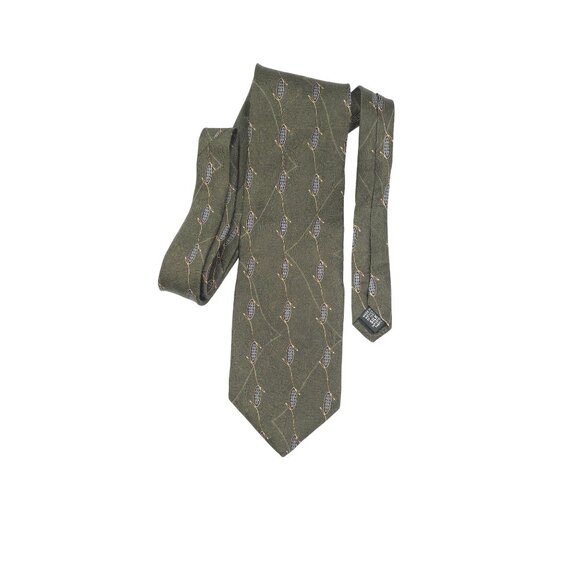 Bill Blass Black Label Olive Green Designer Silk Necktie Floral Geometric Print - Picture 3 of 6